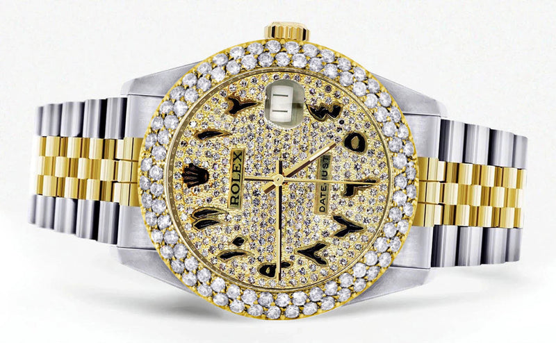 Diamond Gold Rolex Watch For Men 16233 | 36Mm | Black Arabic Full Diamond Dial | Two Row 4.25 Carat Bezel | Jubilee Band