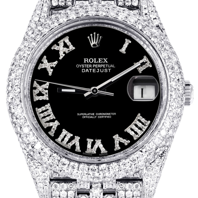 Womens Diamond Iced Out Rolex Datejust 41 | 25 Carats Of Diamonds | Custom Black Roman Numeral Diamond Dial | Two Row | Jubilee Band