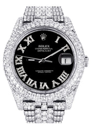 Womens Diamond Iced Out Rolex Datejust 41 | 25 Carats Of Diamonds | Custom Black Roman Numeral Diamond Dial | Two Row | Jubilee Band