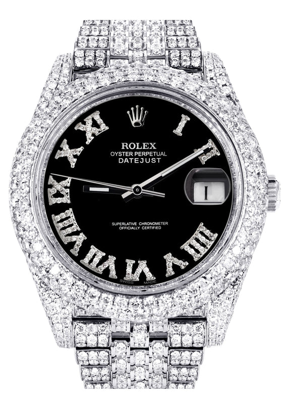 Womens Diamond Iced Out Rolex Datejust 41 | 25 Carats Of Diamonds | Custom Black Roman Numeral Diamond Dial | Two Row | Jubilee Band