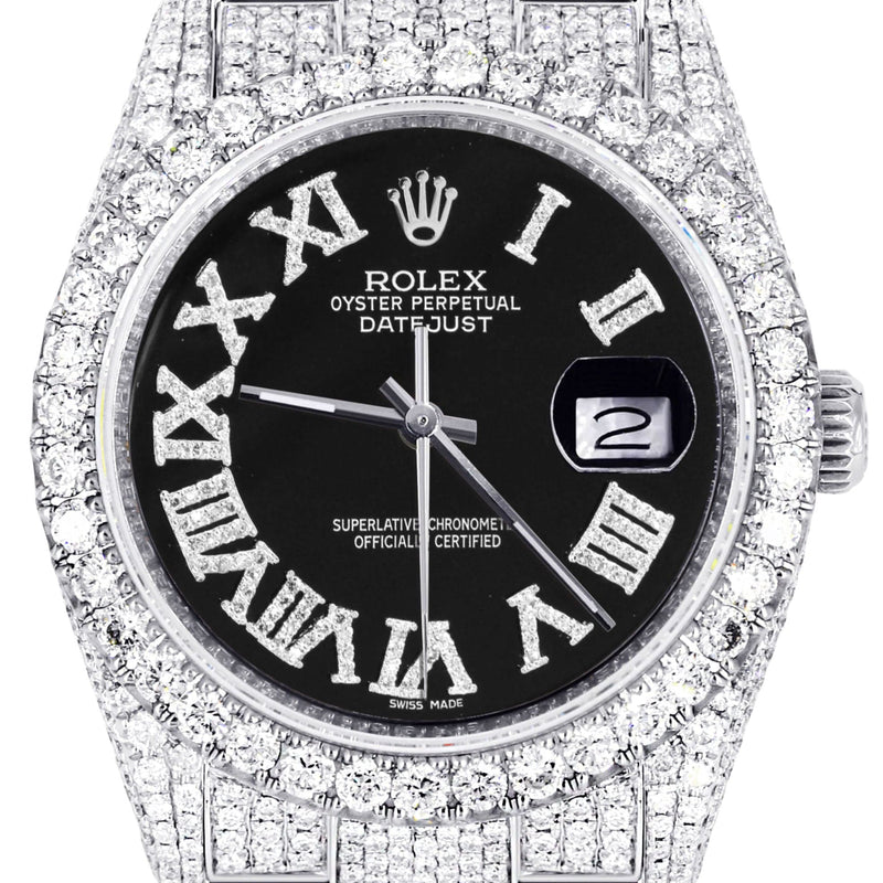 Iced Out Rolex Datejust 36 MM | Stainless Steel | 10 Carats of Diamonds | Black Roman Diamond Dial | Oyster Band