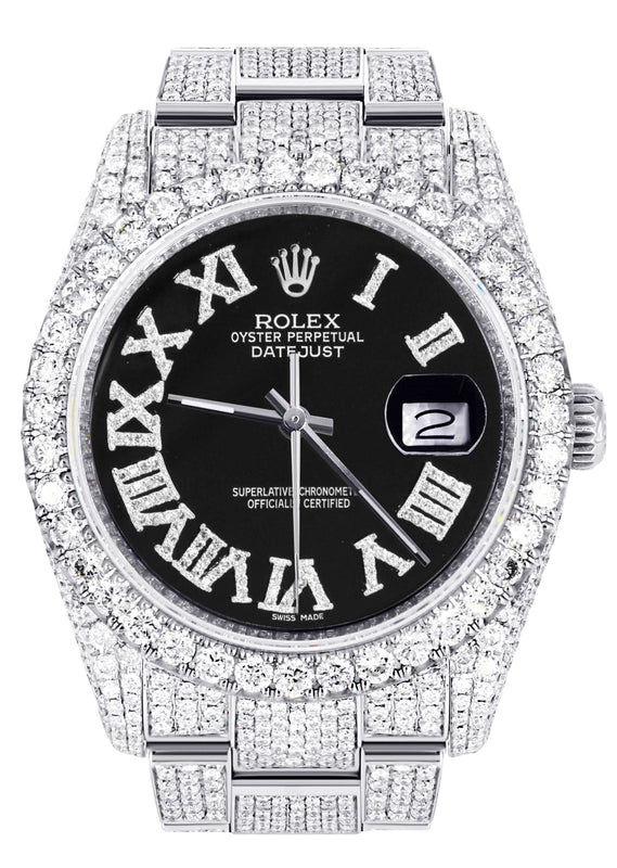 Iced Out Rolex Datejust 36 MM | Stainless Steel | 10 Carats of Diamonds | Black Roman Diamond Dial | Oyster Band