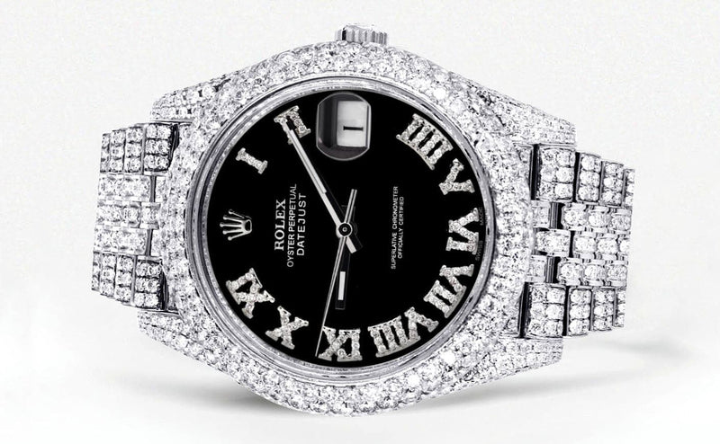 Diamond Iced Out Rolex Datejust 41 | 25 Carats Of Diamonds | Custom Black Roman Numeral Diamond Dial | Two Row | Jubilee Band