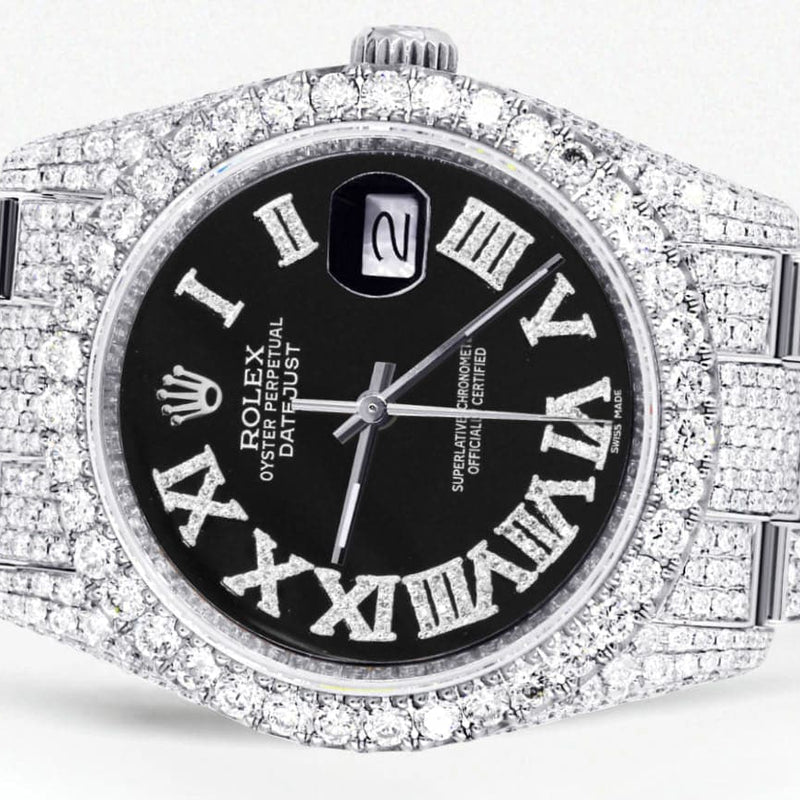Iced Out Rolex Datejust 36 MM | Stainless Steel | 10 Carats of Diamonds | Black Roman Diamond Dial | Oyster Band