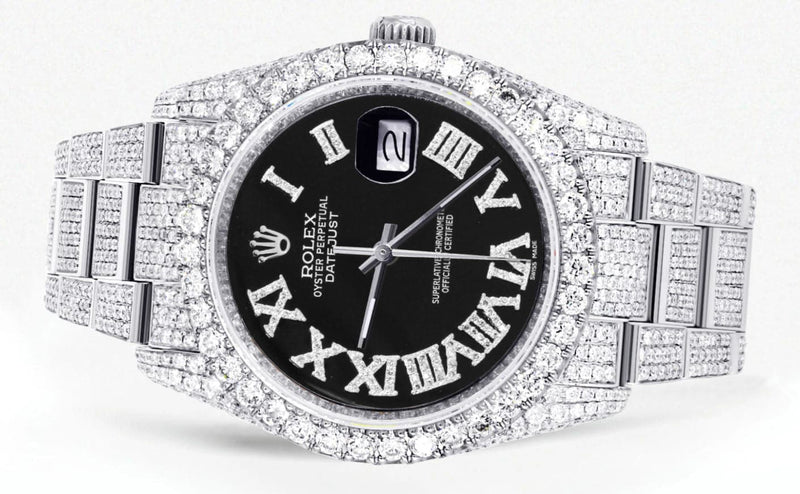 Iced Out Rolex Datejust 36 MM | Stainless Steel | 10 Carats of Diamonds | Black Roman Diamond Dial | Oyster Band