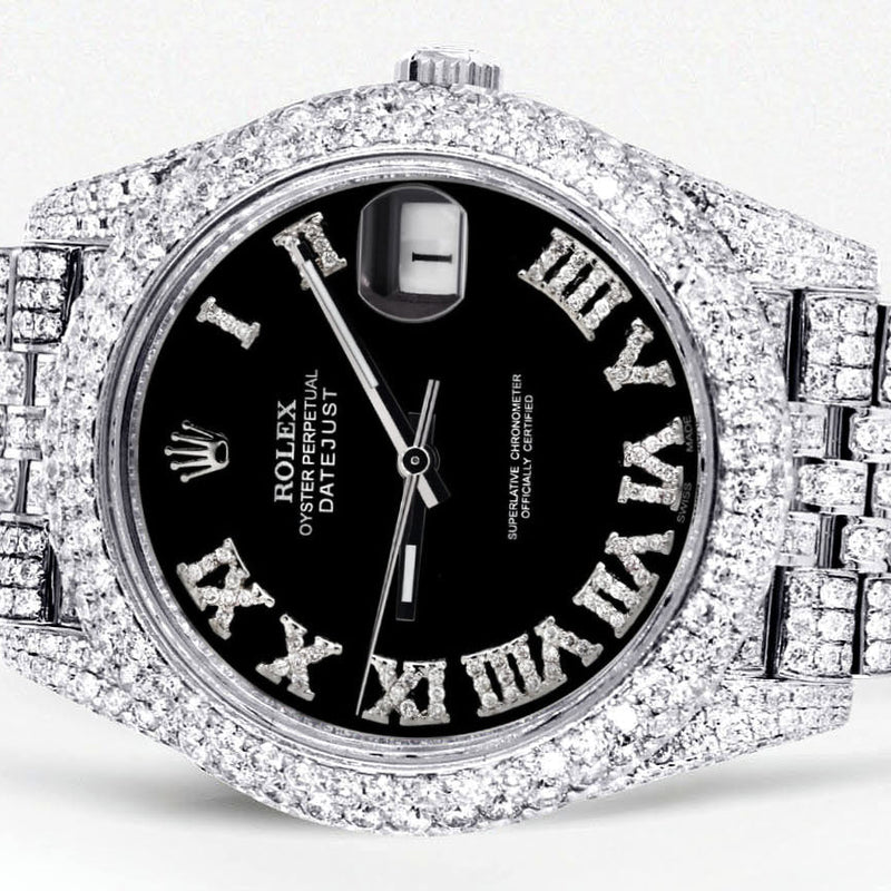 Womens Diamond Iced Out Rolex Datejust 41 | 25 Carats Of Diamonds | Custom Black Roman Numeral Diamond Dial | Two Row | Jubilee Band