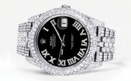 Womens Diamond Iced Out Rolex Datejust 41 | 25 Carats Of Diamonds | Custom Black Roman Numeral Diamond Dial | Two Row | Jubilee Band