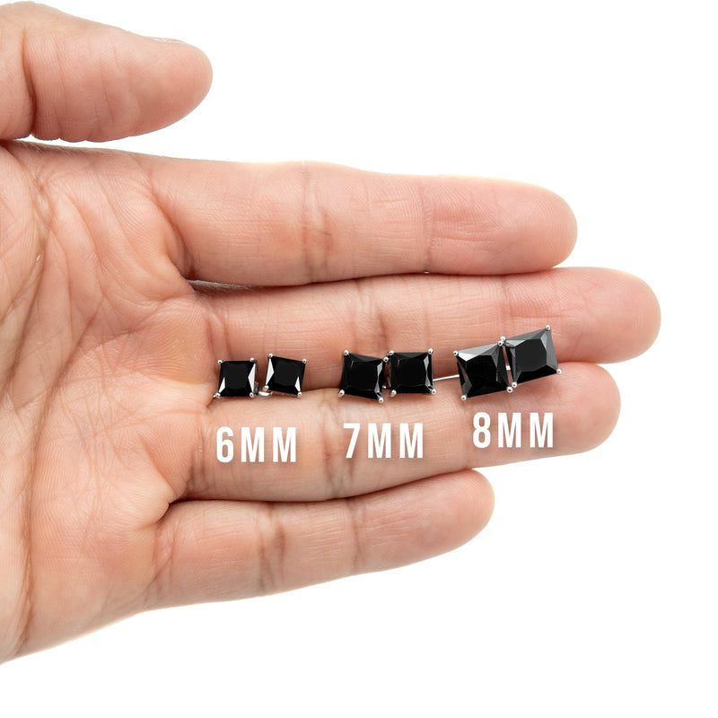 Silver Square Black CZ Stud Earrings | 8 MM | Appx. 2.5 Grams