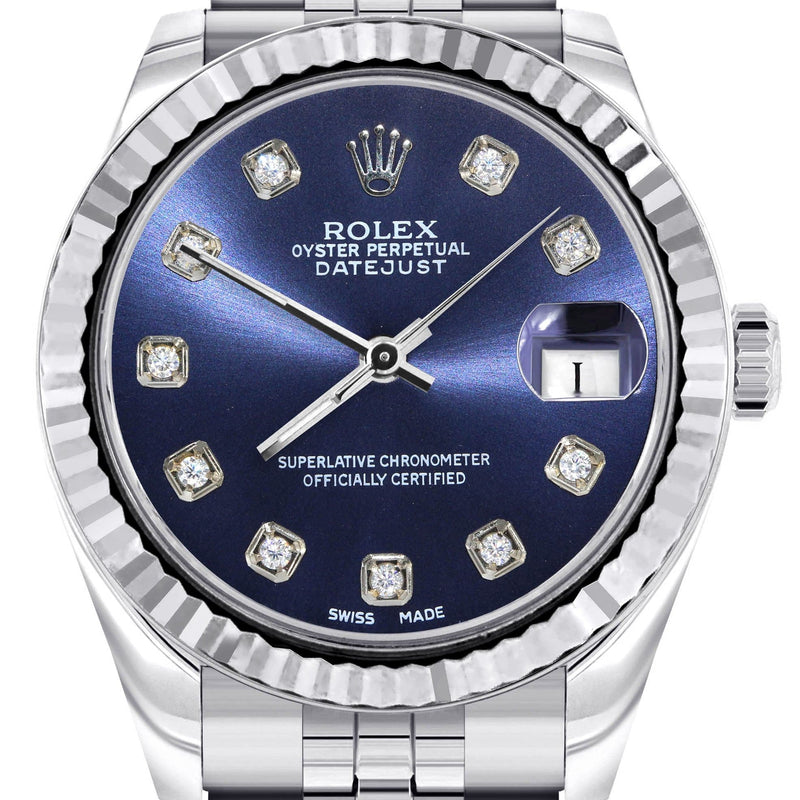 Diamond Rolex Watch | 68274 | Fluted Bezel | 31MM | Blue Diamond Dial | Jubilee Band