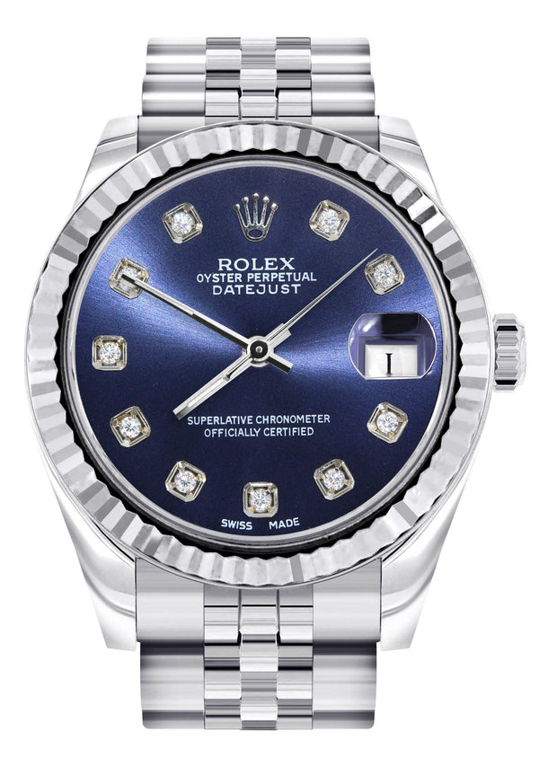 Diamond Rolex Watch | 68274 | Fluted Bezel | 31MM | Blue Diamond Dial | Jubilee Band