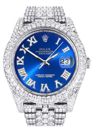 Diamond Iced Out Rolex Datejust 41 | 25 Carats Of Diamonds | Custom Blue Roman Numeral Diamond Dial | Two Row | Jubilee Band