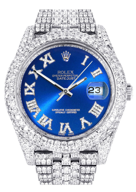 Diamond Iced Out Rolex Datejust 41 | 25 Carats Of Diamonds | Custom Blue Roman Numeral Diamond Dial | Two Row | Jubilee Band