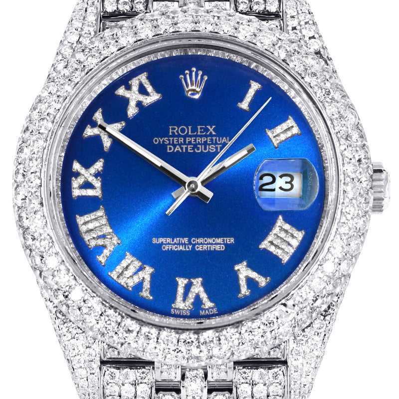 Womens Diamond Iced Out Rolex Datejust 41 | 25 Carats Of Diamonds | Custom Blue Roman Numeral Diamond Dial | Two Row | Jubilee Band