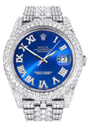 Womens Diamond Iced Out Rolex Datejust 41 | 25 Carats Of Diamonds | Custom Blue Roman Numeral Diamond Dial | Two Row | Jubilee Band