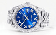 Diamond Iced Out Rolex Datejust 41 | 25 Carats Of Diamonds | Custom Blue Roman Numeral Diamond Dial | Two Row | Jubilee Band