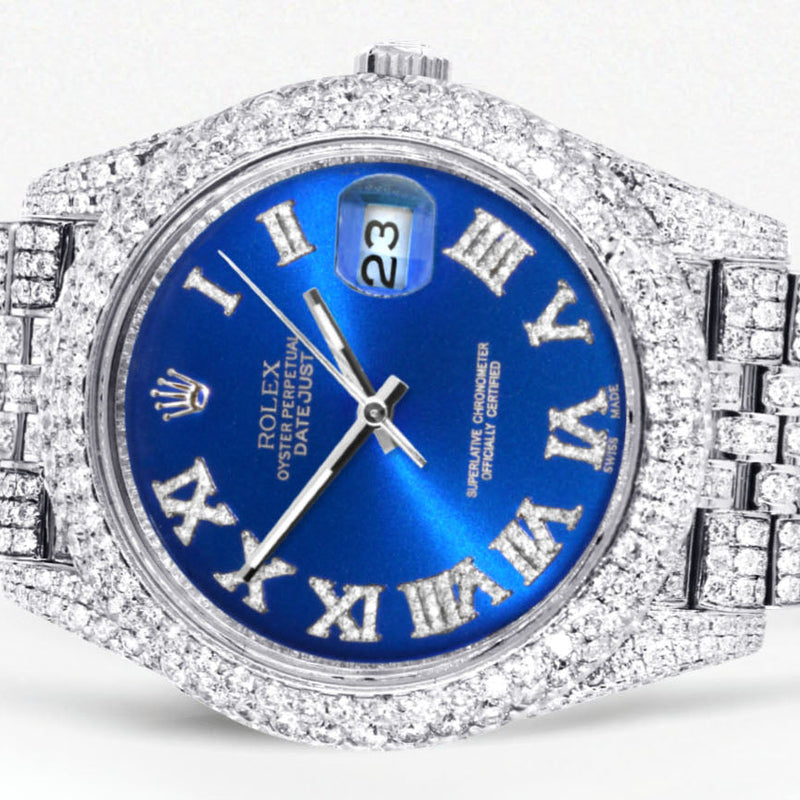 Womens Diamond Iced Out Rolex Datejust 41 | 25 Carats Of Diamonds | Custom Blue Roman Numeral Diamond Dial | Two Row | Jubilee Band