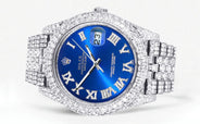 Womens Diamond Iced Out Rolex Datejust 41 | 25 Carats Of Diamonds | Custom Blue Roman Numeral Diamond Dial | Two Row | Jubilee Band