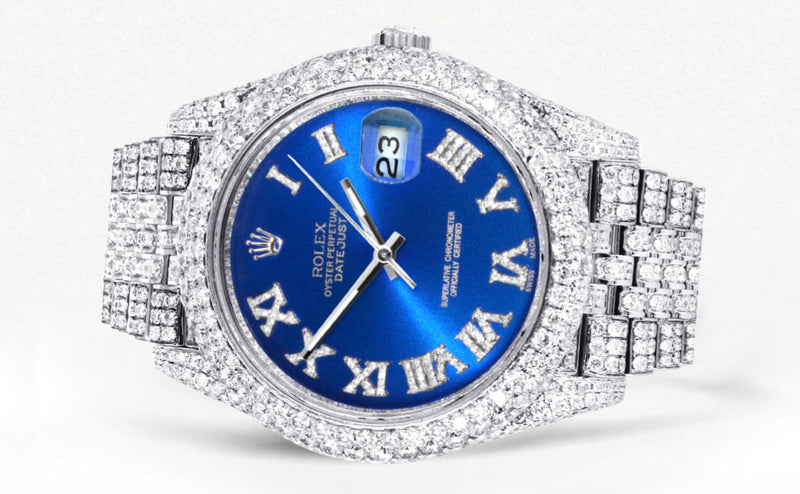 Diamond Iced Out Rolex Datejust 41 | 25 Carats Of Diamonds | Custom Blue Roman Numeral Diamond Dial | Two Row | Jubilee Band