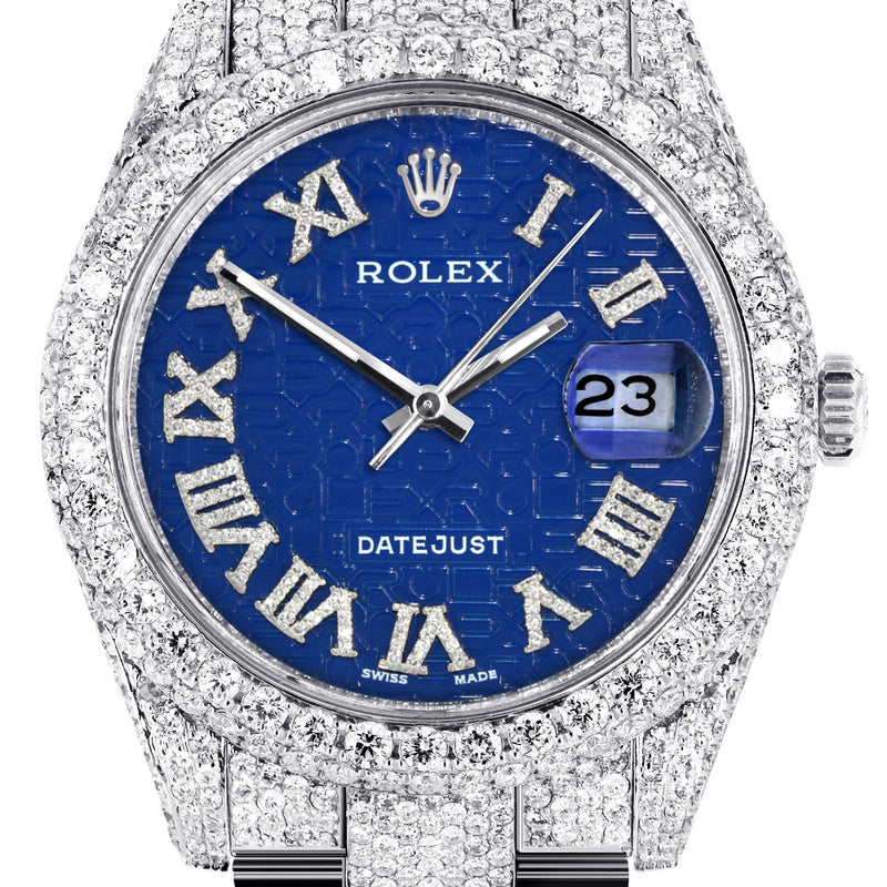 Womens Diamond Iced Out Rolex Datejust 41 | 25 Carats Of Diamonds | Blue Text Pattern Dial | Two Row | Oyster Band