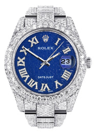 Womens Diamond Iced Out Rolex Datejust 41 | 25 Carats Of Diamonds | Blue Text Pattern Dial | Two Row | Oyster Band