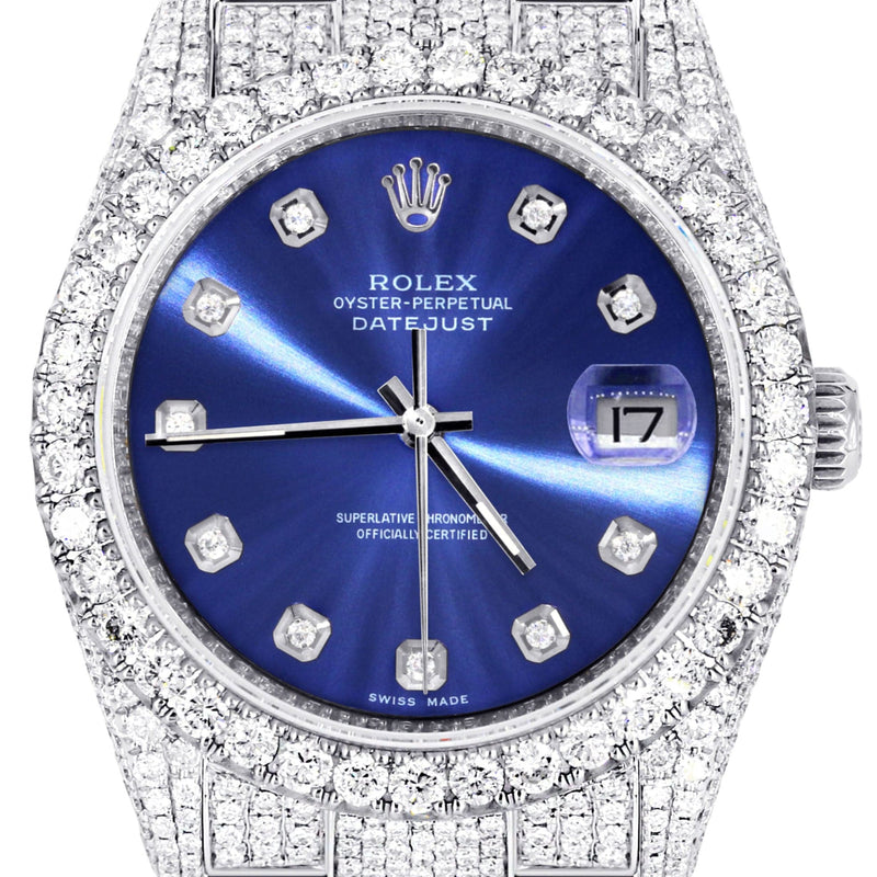 Iced Out Rolex Datejust 36 MM | Stainless Steel | 16.5 Carats of Diamonds | Blue Diamond Dial | Oyster Band | Model 116200