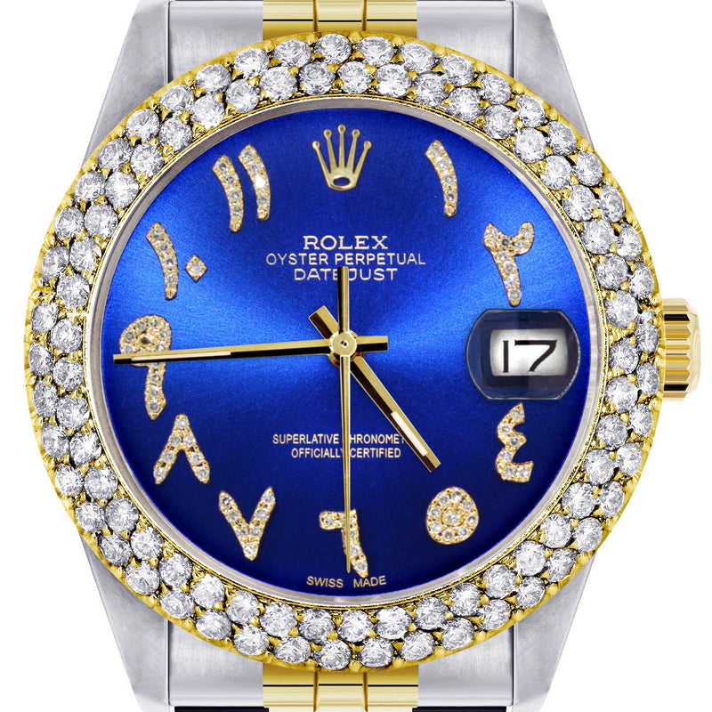 Diamond Gold Rolex Watch For Women 16233 | 36Mm | Blue Arabic Diamond Dial | Two Row 4.25 Carat Bezel | Jubilee Band