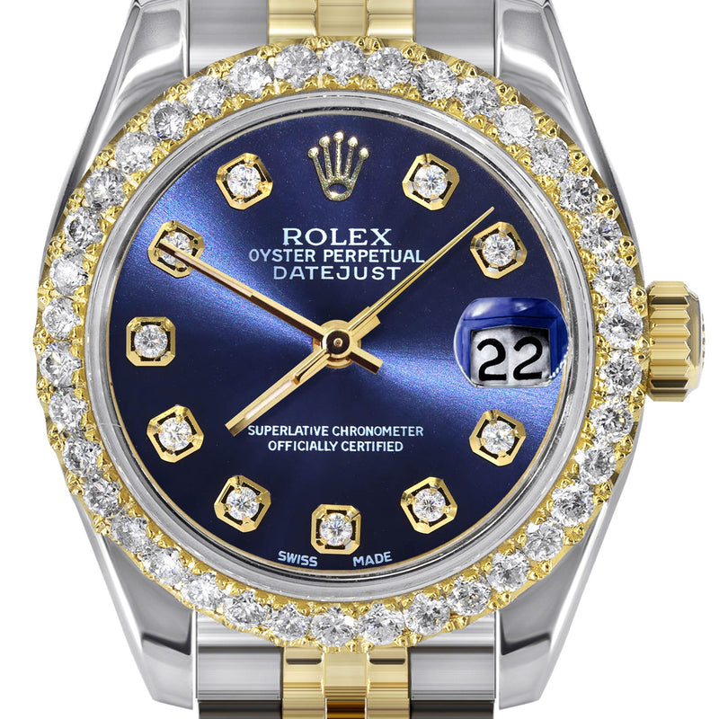 Womens Diamond Gold Hidden Clasp Rolex Watch | 1 Carat Bezel | 26Mm | Blue Dial | Jubilee Band | Model 179173
