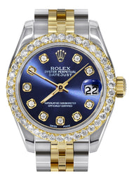 Womens Diamond Gold Hidden Clasp Rolex Watch | 1 Carat Bezel | 26Mm | Blue Dial | Jubilee Band | Model 179173