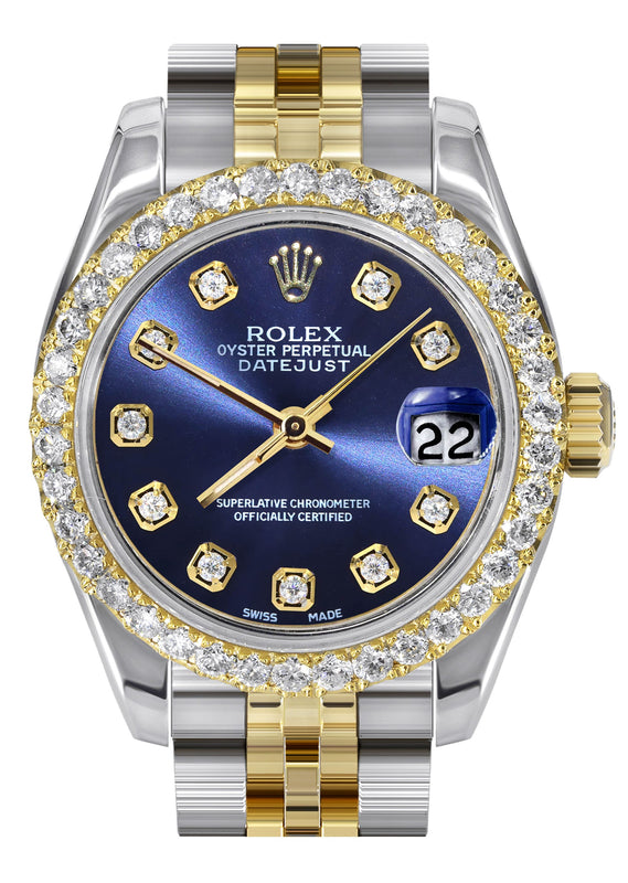 Womens Diamond Gold Hidden Clasp Rolex Watch | 1 Carat Bezel | 26Mm | Blue Dial | Jubilee Band | Model 179173