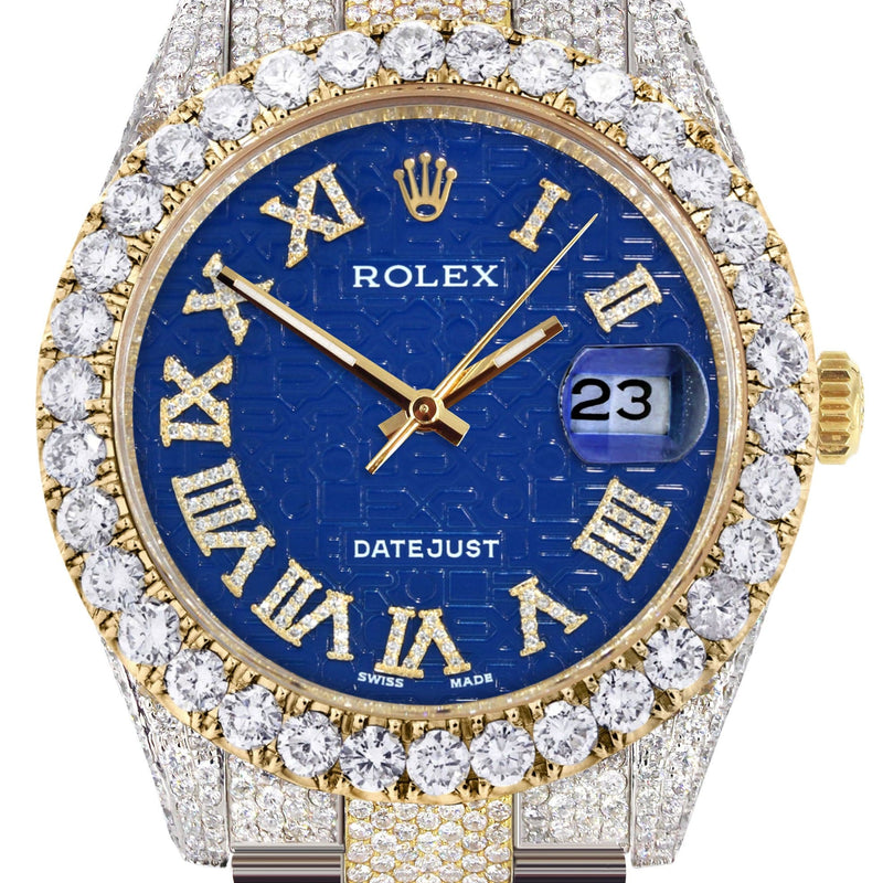 Diamond Iced Out Rolex Datejust 41 | 25 Carats Of Diamonds | Custom Blue Text Pattern Dial | Two Tone | Oyster Band
