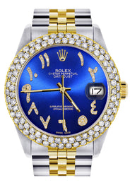 Diamond Gold Rolex Watch For Men 16233 | 36Mm | Blue Arabic Diamond Dial | Two Row 4.25 Carat Bezel | Jubilee Band
