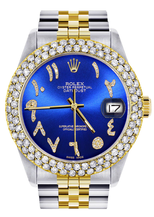 Diamond Gold Rolex Watch For Men 16233 | 36Mm | Blue Arabic Diamond Dial | Two Row 4.25 Carat Bezel | Jubilee Band
