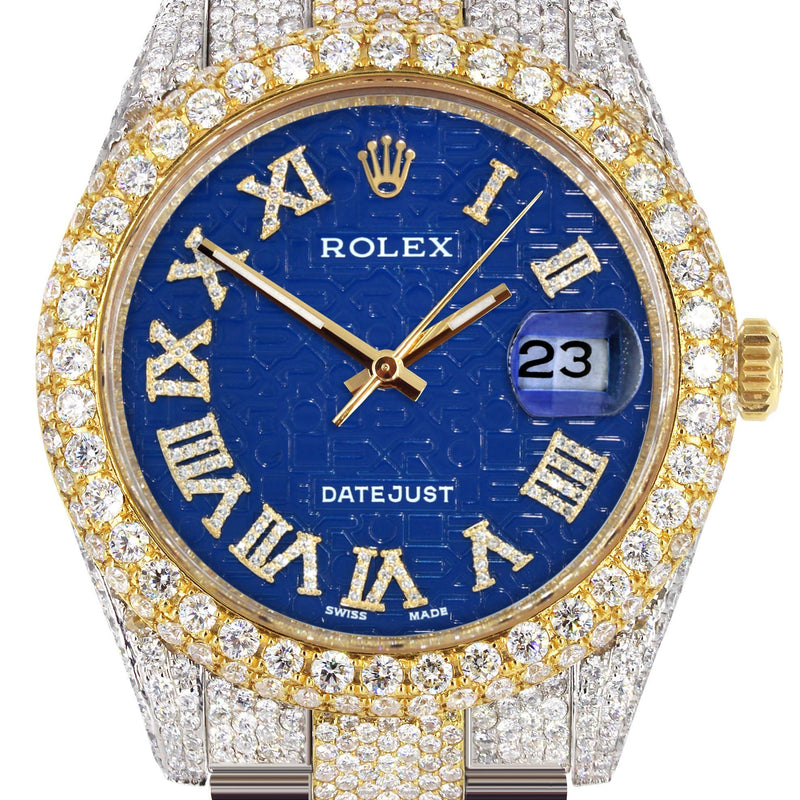 Womens Diamond Iced Out Rolex Datejust 41 | 25 Carats Of Diamonds | Blue Text Pattern Dial | Two Tone | Two Row | Oyster Band