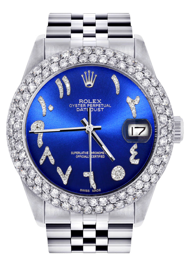 Mens Rolex Datejust Watch 16200 | 36Mm | Royal Blue Arabic Diamond Dial | Two Row 4.25 Carat Bezel | Jubilee Band