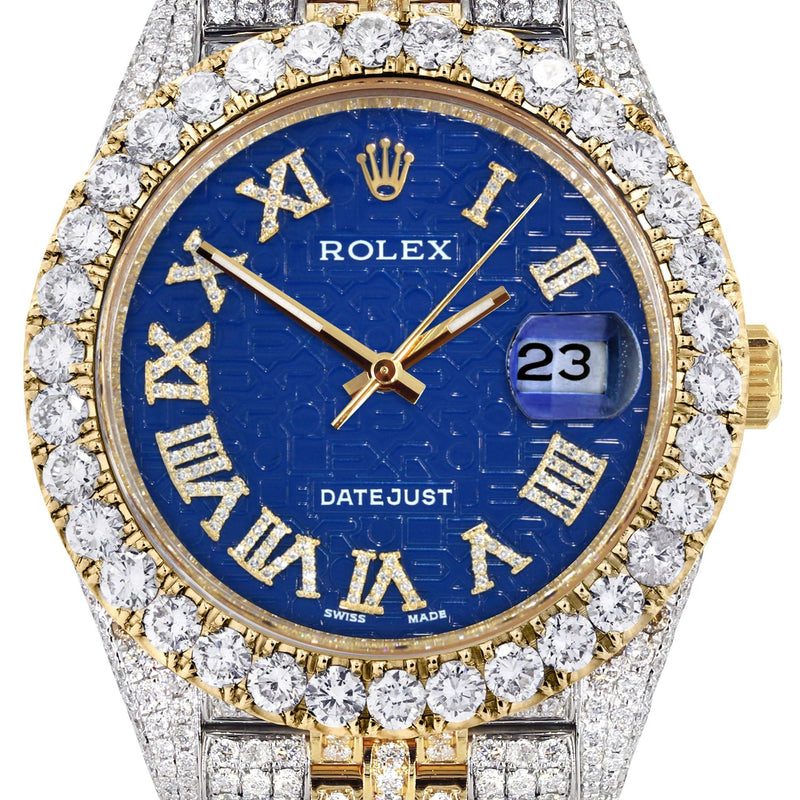 Diamond Iced Out Rolex Datejust 41 | 25 Carats Of Diamonds | Custom Blue Text Pattern Dial | Two Tone | Jubilee Band