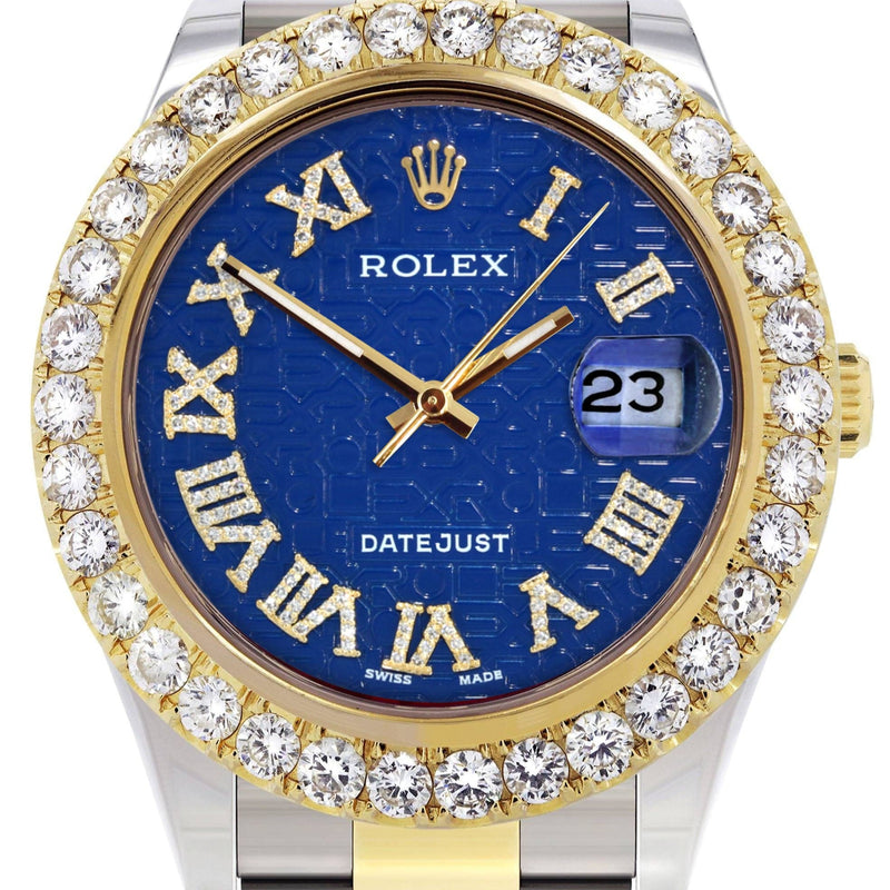 Rolex Datejust II Watch | 41 MM | 18K Yellow Gold & Stainless Steel | Custom Blue Text Pattern Roman Dial | Oyster Band