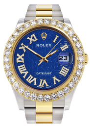 Rolex Datejust II Watch | 41 MM | 18K Yellow Gold & Stainless Steel | Custom Blue Text Pattern Roman Dial | Oyster Band