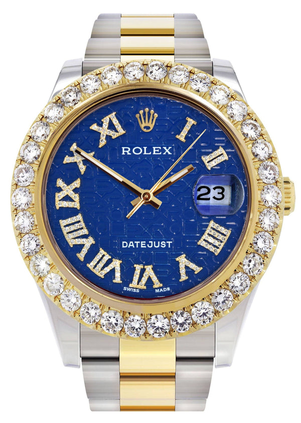 Rolex Datejust II Watch | 41 MM | 18K Yellow Gold & Stainless Steel | Custom Blue Text Pattern Roman Dial | Oyster Band