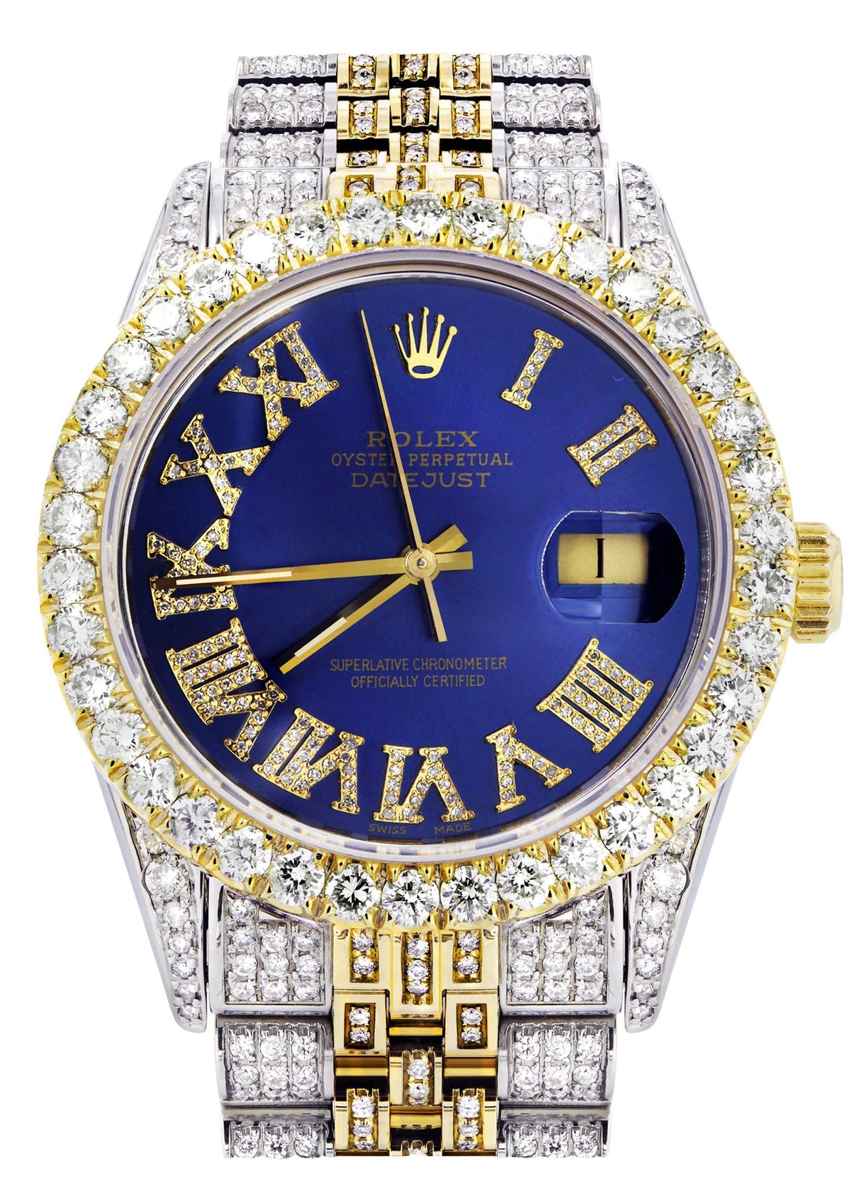 Iced Out Rolex Datejust 36 MM | Two Tone | 10 Carats of Diamonds | Blue Roman Diamond Dial