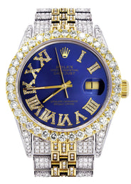 Iced Out Rolex Datejust 36 MM | Two Tone | 10 Carats of Diamonds | Blue Roman Diamond Dial