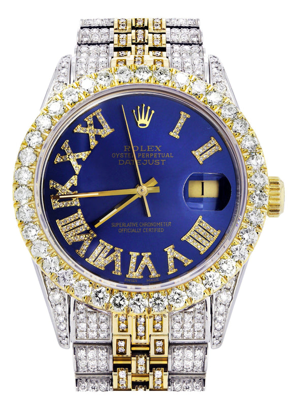 Iced Out Rolex Datejust 36 MM | Two Tone | 10 Carats of Diamonds | Blue Roman Diamond Dial