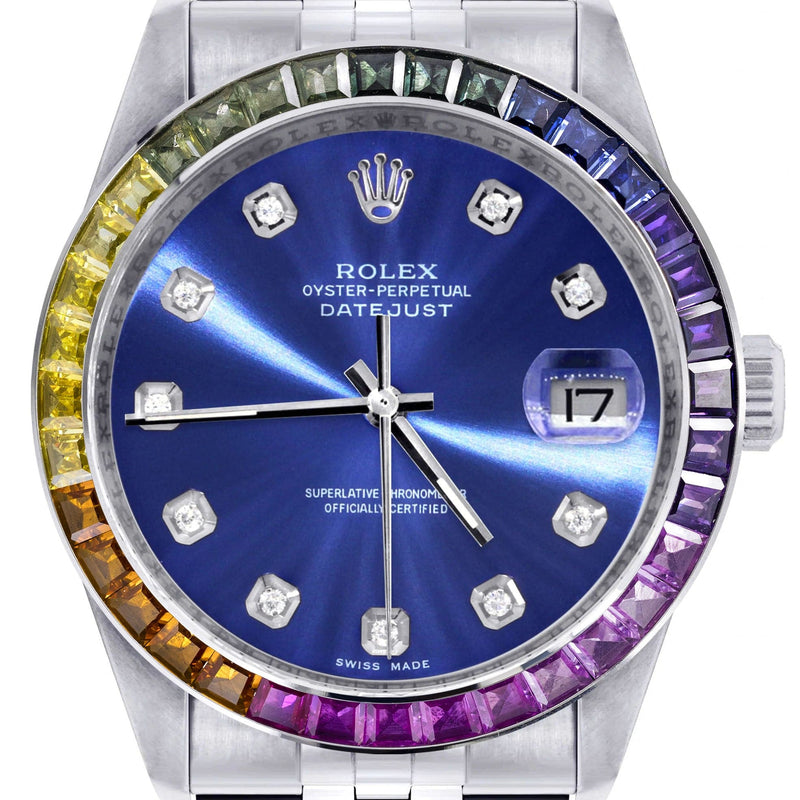 Diamond Gold Rolex Watch For Men 16200 | 36Mm | Rainbow Sapphire Bezel | Blue Dial | Jubilee Band