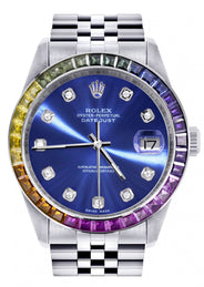 Diamond Gold Rolex Watch For Men 16200 | 36Mm | Rainbow Sapphire Bezel | Blue Dial | Jubilee Band