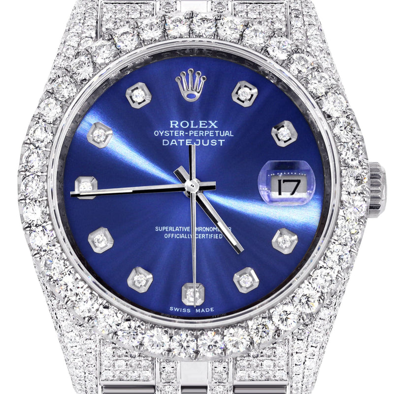 Iced Out Rolex Datejust 36 MM | Stainless Steel | 16.5 Carats of Diamonds | Blue Diamond Dial | Jubilee Band | Model 116200