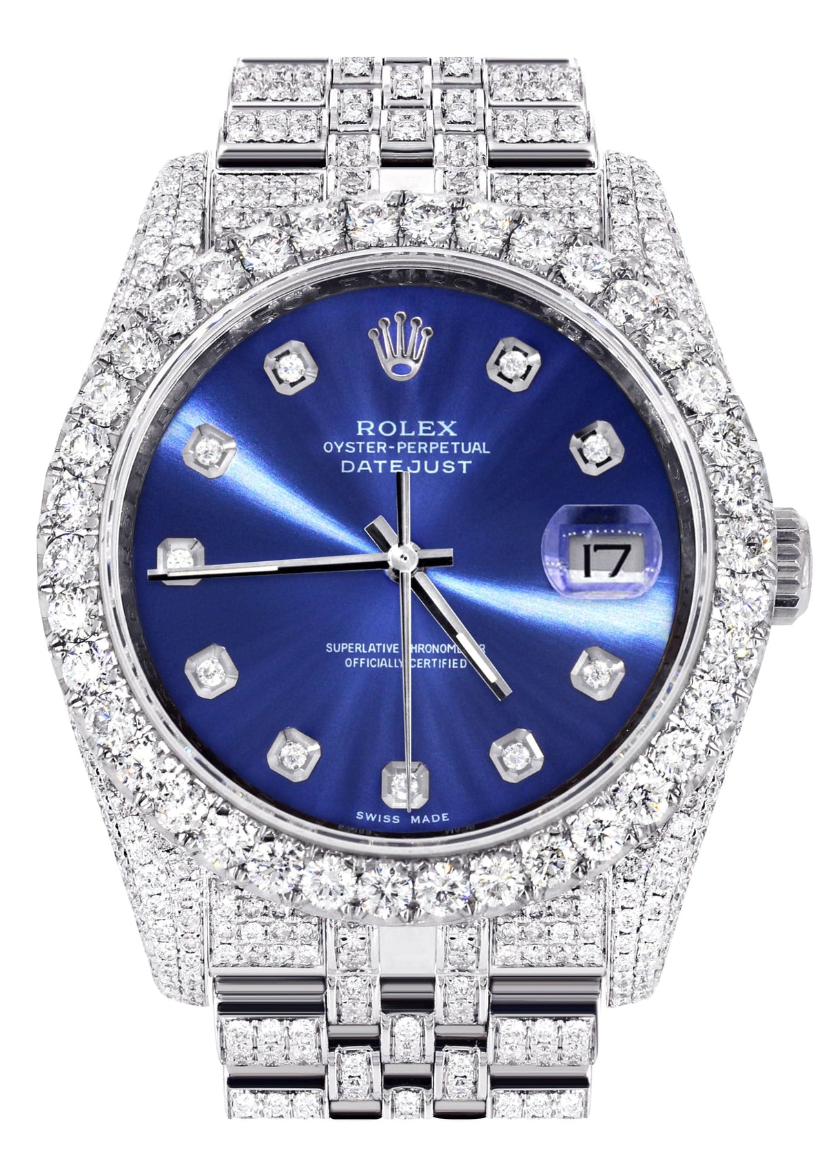 Iced Out Rolex Datejust 36 MM | Stainless Steel | 16.5 Carats of Diamonds | Blue Diamond Dial | Jubilee Band | Model 116200