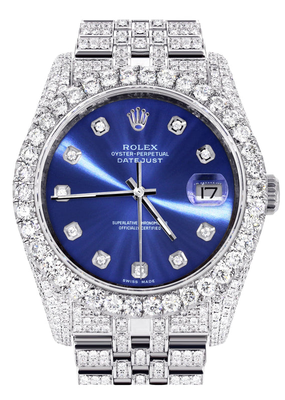 Iced Out Rolex Datejust 36 MM | Stainless Steel | 16.5 Carats of Diamonds | Blue Diamond Dial | Jubilee Band | Model 116200