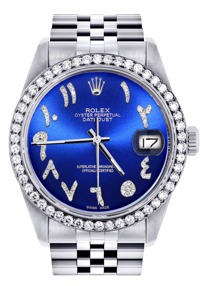Diamond Mens Rolex Datejust Watch 16200 | 36Mm | Royal Blue Arabic Diamond Dial | Jubilee Band