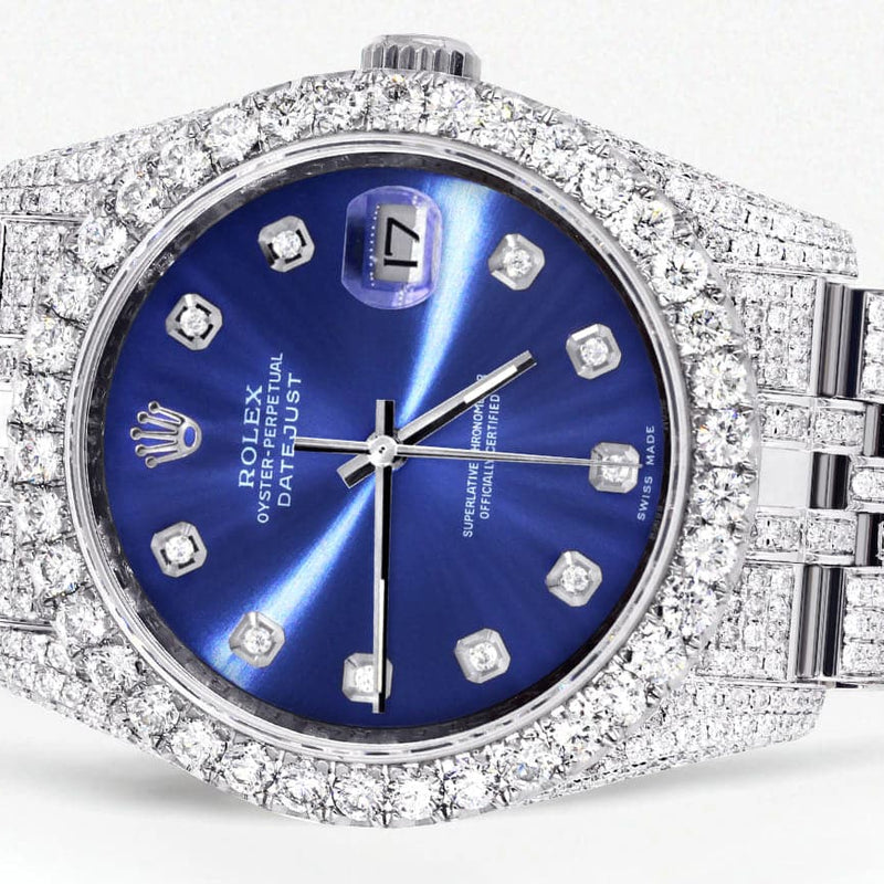 Iced Out Rolex Datejust 36 MM | Stainless Steel | 16.5 Carats of Diamonds | Blue Diamond Dial | Jubilee Band | Model 116200