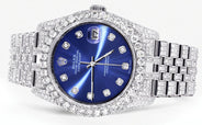 Iced Out Rolex Datejust 36 MM | Stainless Steel | 16.5 Carats of Diamonds | Blue Diamond Dial | Jubilee Band | Model 116200