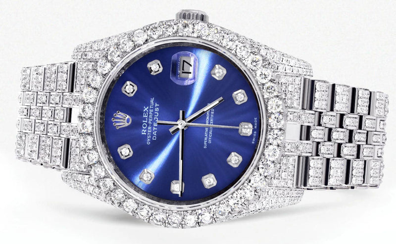 Iced Out Rolex Datejust 36 MM | Stainless Steel | 16.5 Carats of Diamonds | Blue Diamond Dial | Jubilee Band | Model 116200